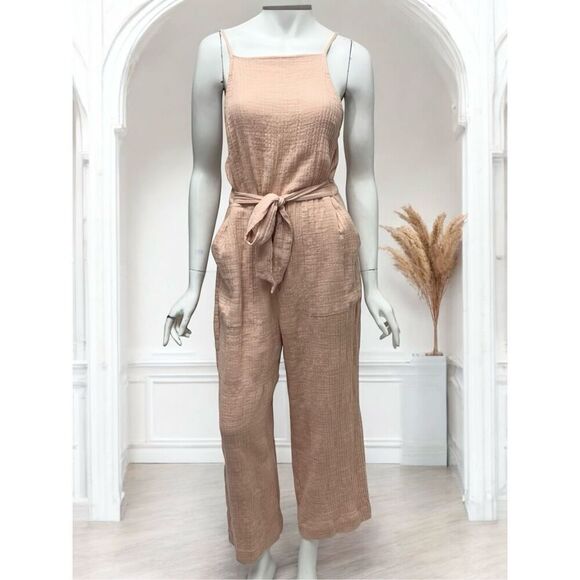 Zara Gauze Cotton Peach Backless Jumpsuit Waist Tie Spaghetti Straps Pockets Sz - Picture 1 of 7